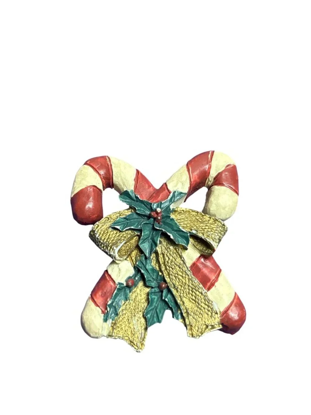Vtg Resin Christmas Candy Cane Brooch Bow holly Berries Leaves Rustic 1.75 inch